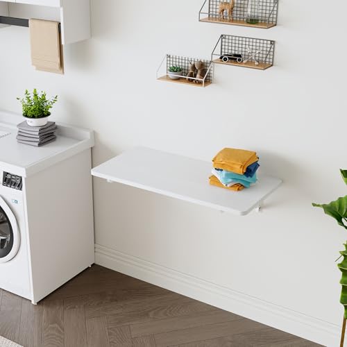 Aoowow Wall Mounted Folding Table, 31"x15.7" Folding Laundry Table, Wall Desk Fold Down for Small Spaces, Foldable Mount Station, Floating Bar for Hanging, Dining, Kitchen, Clothes, White - color: White, size: Small