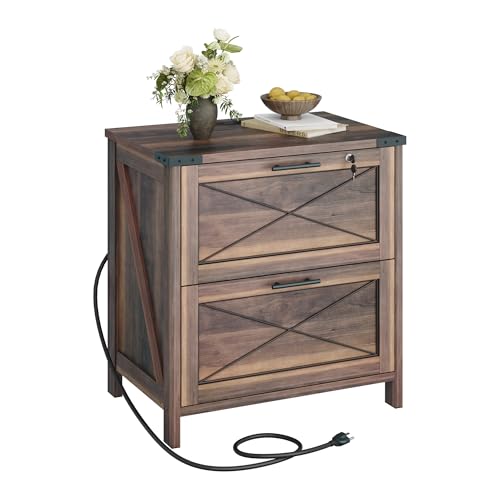 DEVAISE Wood Lateral File Cabinet, 2 Drawer Filing Cabinet, Dark Brown | Lock & Charging Station, Farmhouse Wooden Printer Stand with Large Storage, Fits A4/Letter/Legal Hanging Files, Home Office - color: Dark Brown