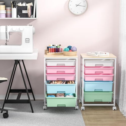 SYKIARIOL Utility Cart with 5 Drawers with Wooden Top, Rainbow - color: Rainbow
