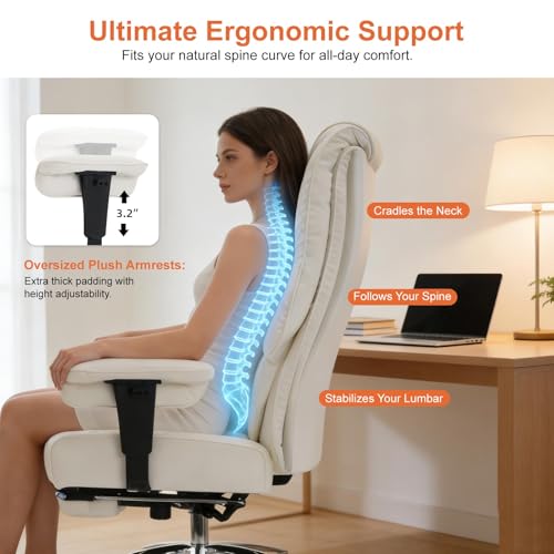 EXCEBET Big and Tall Executive Office Chair 400lbs Wide Seat, PU White | Wide seat, Retractable footrest, 135° recline, Lumbar support, PU leather, Ergonomic high back for lower back pain relief - color: White