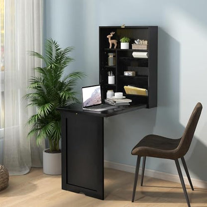 Wall Mounted Desk, Wood Collapsible Floating Desk, Convertible Computer Desk with Storage Area, Hanging Fold Out Table for Home Office, Small Spaces (Black) - color: Black