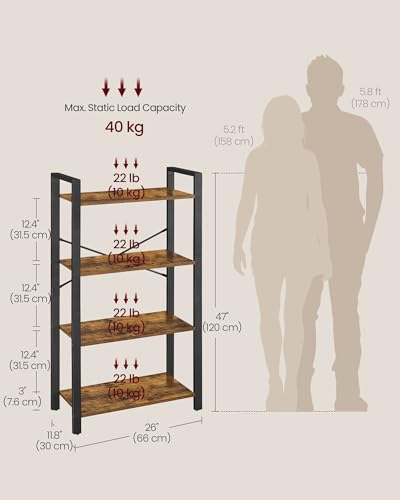 VASAGLE 4-Tier Bookshelf, Bookcase with Steel Frame, Book Shelf for Living Room, Home Office, Study, 11.8 x 26 x 47 Inches, Industrial Style, Rustic Brown and Ink Black ULLS60BX - color: Rustic Brown + Ink Black, size: 4 Tiers (11.8"D x 26"W), style: With