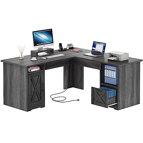 YITAHOME L Shaped Desk with Power Outlets - color: Grey