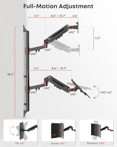 PUTUOSEN Wall Mount Monitor Arm with Keyboard Tray for 17 to 32 Inch | Height Adjustable Full-Motion Spring Arm Wall Mount Workstation Holds up to 26.4lbs, VESA 75x75/100x100mm,Black - size: 17-32 Inch