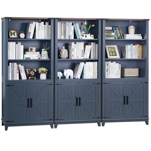 Joaxswe 5 Tier Bookshelf 70in Tall Bookcase with Barn Doors and Storage Cabinet, Blue Farmhouse Book Shelf with Adjustable Shelves, Wood Freestanding Display Bookshelves for Bedroom, Kitchen (3PCS) - color: Blue, size: 3 Piece