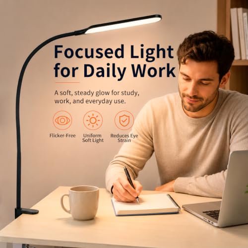 Long Gooseneck LED Clamp Desk Lamp, Eye-Caring Reading Light | Dimmable Clip on Lamp, 800LM, 3 Colors and 10 Modes, for Office Home Task