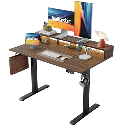 Agilestic 48 * 24 Inch Electric Standing Desk with Shelf & Led, Dark Walnut - color: Led-dark Walnut, size: 48 x 24 Inches with led and power strips