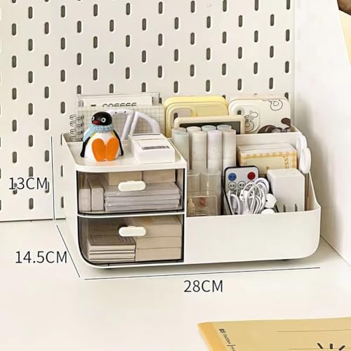 Drawer Organizers Accessories with 7 Compartments and 2 Drawers, Large Capacity Cosmetic Display Case, Pen Holder, Art Supply Storage Box Caddy for Office School and Home - color: Large Capacity 7 Slots 2 Drawers White