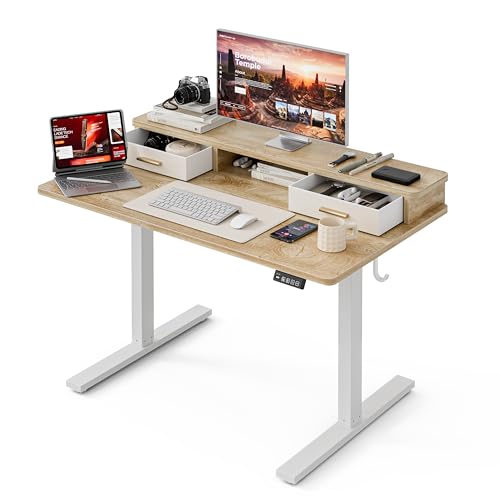 Grandder Electric Standing Desk with Two Drawers, Sit to Stand Up Height Adjustable Desk with Storage Shelf for Home Office, 47 * 24 Inch, Study, Ergonomic Adjustable Computer Desk, Oak - color: Oak, size: 47 Inch