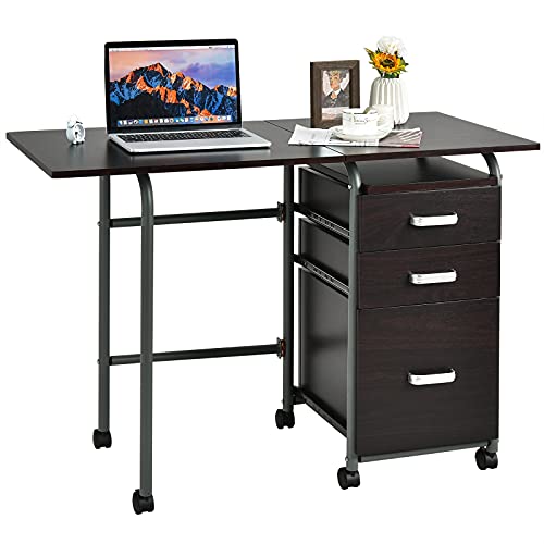 Tangkula Folding Computer Desk with 3 Storage Drawers, Mobile Home Office Desk Study Writing Desk with Smooth Wheels, Space Saving Compact Desk for Dorm Apartment, Rolling Folding Desk Table - color: Brown