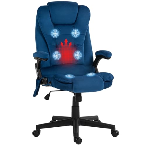 HOMCOM Executive Office Chair 6 Points Vibration Massage Velvet Drak Blue | Heated Lumbar Support, High Back Computer Chair, Reclining Backrest, Tilt Function, Padded Armrests - color: Drak Blue