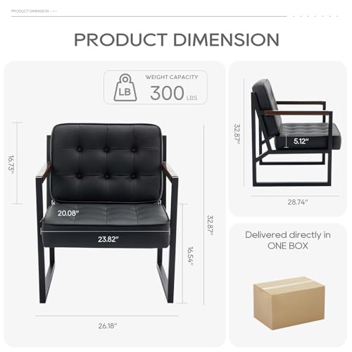 COLAMY Black Leather Accent Chair, Accent Arm Chair for Living Room, Comfy Armchair with Metal Legs for Living Room Bedroom Reception Waiting Room - color: Black, size: Set of 1