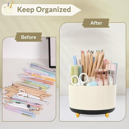 SKYDUE 360 Rotating Organizer, Dual-Purpose Pencil Pen Holder, 5-Slot Rotating Pencil Cup for Office, School, Home (Beige-Black) - color: BeigeBlack_1Pack