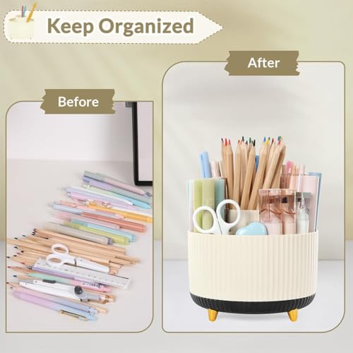 SKYDUE 360 Rotating Organizer, Dual-Purpose Pencil Pen Holder, 5-Slot Rotating Pencil Cup for Office, School, Home (Beige-Black) - color: Beige-Black_1Pack