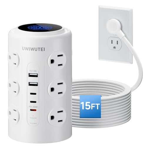 15FT Tower Power Strip with Dedicated 20W PD USB-C Port - color: White, size: 15FT
