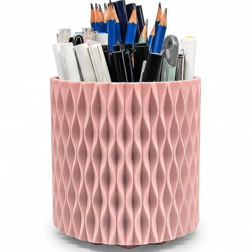 Lebenrich Rotating Pencil Holder for Desk, 5 Slots Unique Pink Organizer Easthetic Desktop Supplies and Accessories for Women Girls, Pen Cup Caddy for Office Home Art Supply - color: Pink