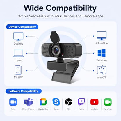 Full HD 1080P USB Webcam for Computer with Noise-Reducing Microphone