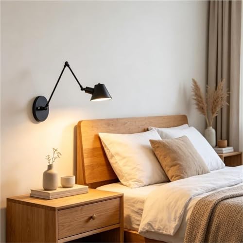 Vintage Black Swing Arm Wall Sconce Adjustable Metal Reading Lamp Warm Light Mounted for Bedroom Headboard Study Room Living Sofa Side