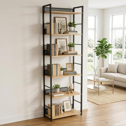 6 Tier Bookshelf，Tall Narrow Bookcase with Metal Guard Panels, Industrial Wood and Metal Display Shelf, Freestanding Storage Rack for Bedroom, Living Room, Home Office，Matte Black， Rustic Brown - color: Black, size: 6