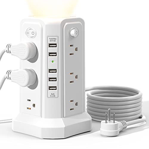 Surge Protector Power Strip Tower with 5 USB Ports and Night Light | 10FT Extension Cord with 12 AC Multiple Outlets, PASSUS Power Tower, Overload Protection for Home Office Dorm Room (White) - color: White-5 USB A