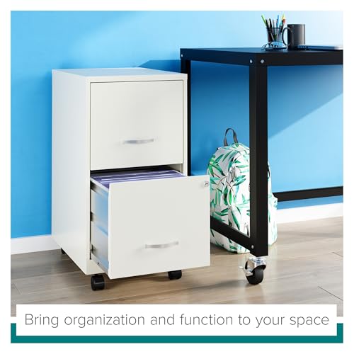 Space Solutions - 2 Drawer Fully Assembled Vertical Steel File Cabinet, Home & Small Office Use, Fits Under Most Desks, Letter-Size, Lock, Mobile, Pearl White