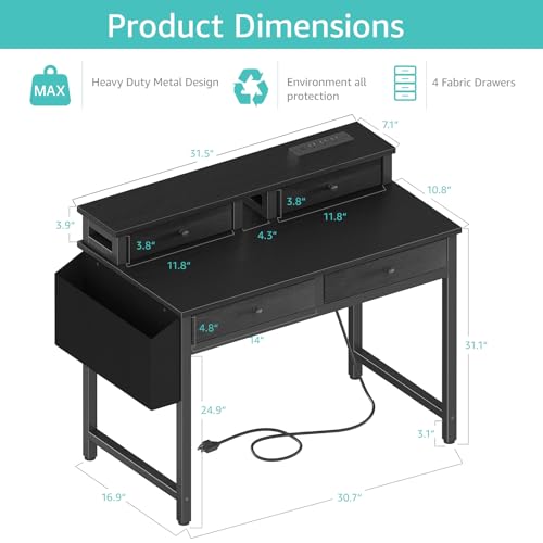 Lufeiya Small Desk with Drawers for Home Office Bedroom, 31 inch Black Writing Study Desks with Fabric Drawers Storage, Gaming Desk Table with Power Outlet & Monitor Stand, Black - color: Black