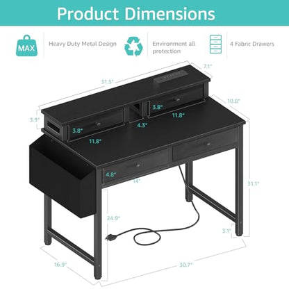 Lufeiya Small Desk with Drawers for Home Office Bedroom, 31 inch Black Writing Study Desks with Fabric Drawers Storage, Gaming Desk Table with Power Outlet & Monitor Stand, Black - color: Black