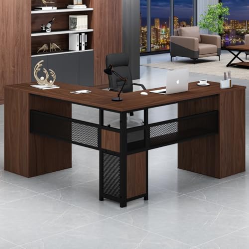 HSH L Shaped Desk with Drawers, Walnut Corner Desk with Storage, 59 Inch | Large Home Office Corner Computer Desks with Storage File Cabinet, Modern Metal Wood Desks for Executive Writing Workstation - color: Walnut