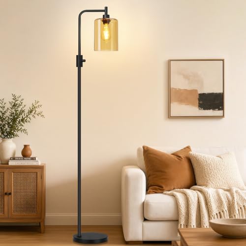 【Upgraded】 Dimmable Floor Lamp for Living Room with Amber Glass Lampshade, Black Modern Glass Floor Lamp with 900LM LED Bulb Included, Arc Standing Tall Lamp for Bedroom, Office, Reading Room, Corner - color: Amber Glass-Matte Black