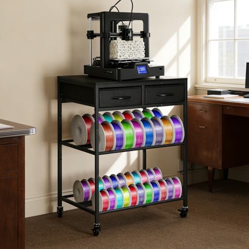 3D Printer Filament Storage Shelf with Drawers& Wheels, Black 2-Tier 3D Printer Filament Metal Stand with Storage, Adjustable Filaments Organzied Rack for Workshop Studio Office, 4 Leveling Feet - color: Black