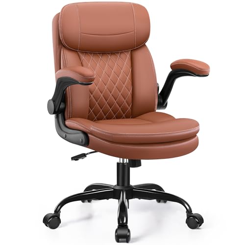 HeroSet Leather Office Chair with Upgraded Double-Layer Seat Cushion and Neckrest for Short People, Brown - color: Brown