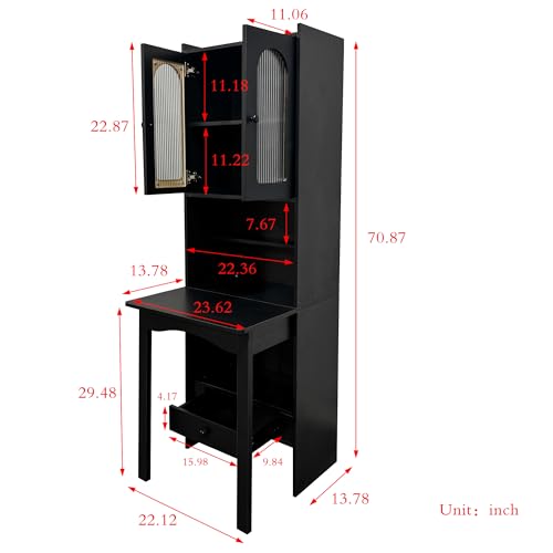 roomfitters Fold-Out Writing Table Secretary Desk with Fluted Glass Door Hutch Storage Cabinet Home Office, Black