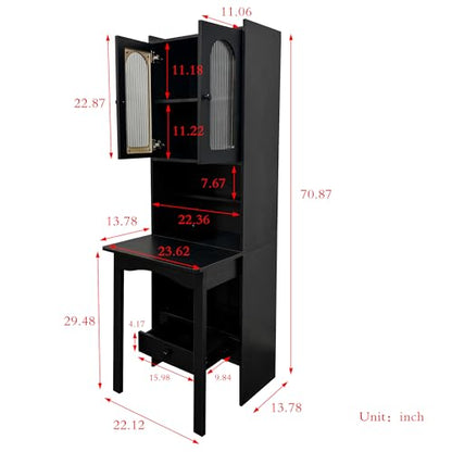 roomfitters Fold-Out Writing Table Secretary Desk with Fluted Glass Door Hutch Storage Cabinet Home Office, Black