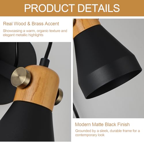 Modern Plug-in Wall Sconces, Matte Black | Adjustable Reading Light, Real Wood Accent, For Bedroom, Living Room, Apartment, Home Office - color: Matte Black+Wood Accent