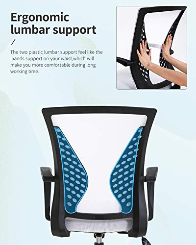 Home Office Chair Mid Back PC Swivel Lumbar Support Adjustable Desk Task Computer Ergonomic Comfortable Mesh Chair with Armrest (White) - color: White