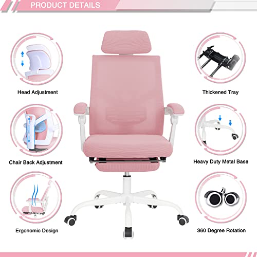 Qulomvs Mesh Ergonomic Office Chair with Footrest Home Office Desk Chair with Headrest and Backrest Adjustable Computer Executive Desk Chair with Wheels 360 Swivel Task Chair - color: Pink With Footrest 2