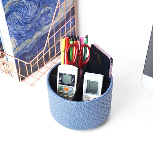 Round Leather Art Supply Organizer,Remote Control Holder,360 Degree Spinning,Multi-Functional Pencil Holder,4 Compartments Desktop Stationary Organizer(1-Weave Blue) - color: 1-Weave Blue