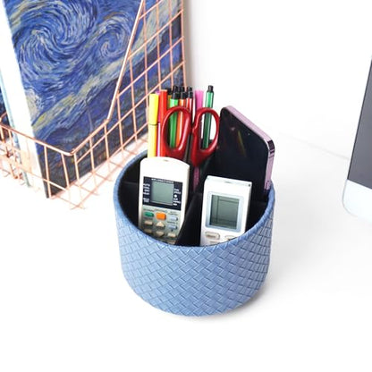 Round Leather Art Supply Organizer,Remote Control Holder,360 Degree Spinning,Multi-Functional Pencil Holder,4 Compartments Desktop Stationary Organizer(1-Weave Blue) - color: 1-Weave Blue