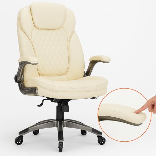 COLAMY Ergonomic High Back Office Chair, Ivory Bonded Leather Executive Desk Chair with Flip-up Arms, Thick Cushion, Silent Nylon Wheels, Adjustable Height & Rocking Function, 300lbs Capacity - color: Iovry White, size: set of 1