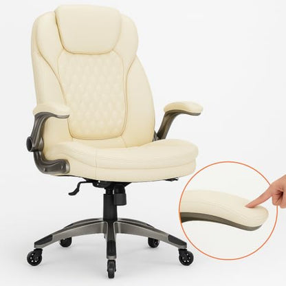 COLAMY Ergonomic High Back Office Chair, Ivory Bonded Leather Executive Desk Chair with Flip-up Arms, Thick Cushion, Silent Nylon Wheels, Adjustable Height & Rocking Function, 300lbs Capacity - color: Iovry White, size: set of 1
