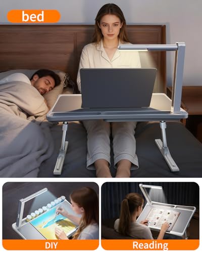 Laptop Desk Bed Table with LED Light,Adjustable Lap Desk Bed Tray,Portable Folding Couch Table Bookstand with Page Clip,Car Rear Seat Sofa Floor Laptop Tray Stand for Adult Kids Reading Writing Eating - size: lapdesk with light