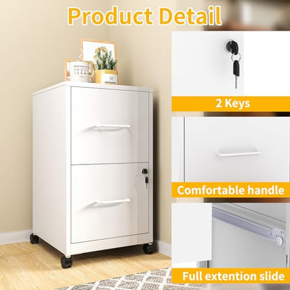 2 Drawer Mobile File Cabinet with Lock, Rolling Metal Filing Cabinet on Wheels, Lockable Under Desk Steel Vertical File Cabinets for Home Office, Letter/Legal/A4/F4, Assembly Required White