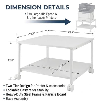 2-Tier Under Desk Printer Stand, 19.5" x 19.5" Large Rolling Printer Cart - color: White, size: 2-Tier