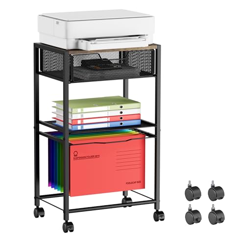 Cawukege 3 Tier Printer Stand, Small Mobile Table with Wheels, Printer Shelf Rolling Cart with Storage Desk Organizer Hanging File for Office Home, Brown - color: Brown