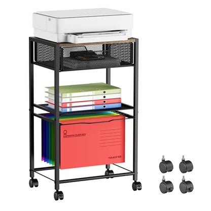 Cawukege 3 Tier Printer Stand, Small Mobile Table with Wheels, Printer Shelf Rolling Cart with Storage Desk Organizer Hanging File for Office Home, Brown - color: Brown