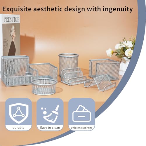 6 Pack Mesh Metal Desk Organizer Stationery Storage Set Silver - color: Silver