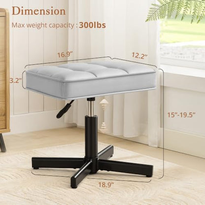 LUE BONA Adjustable Vanity Stool, 15''-19.5'' Foot Rest Under Desk, 360° Swivel Vanity Chair for Makeup Room, Silver Upholstered Faux Leather Ottoman for Bathroom & Living Room, 300lbs - color: Silver