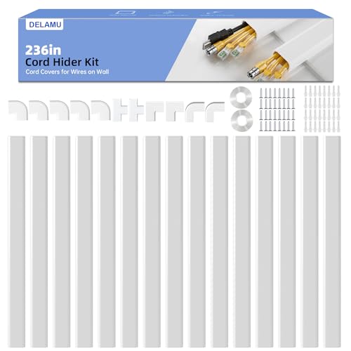 Delamu Large 236in Cord Hider for 3-4 Cords, Cord Covers for Wires on Wall, Easier Install Wire Covers for Cords on Wall, Cable Wire Hider, Cable Cover Management Raceway, W1.18 H0.63in, White - color: White, size: 236in L X 1.18in W X 0.63in H