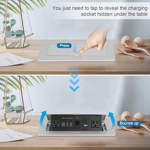 Table Pop Up Outlet, Desktop Pop Up Socket Center Countertop Socket Multimedia Strip Socket Connection Box Countertop with USB 3.0/2×AC/2×HDMI/USB-A/USB-C/LAN for Conference Desk Office(Silver-3) - style: Silver-3