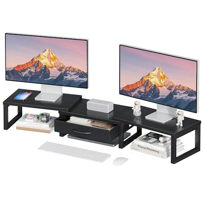Dual Monitor Stand Riser, Desk Organizers and Accessories with Drawer, Computer Monitor Stands for Desk, Adjustable Desktop Shelf for PC Laptop Printer TV, Black